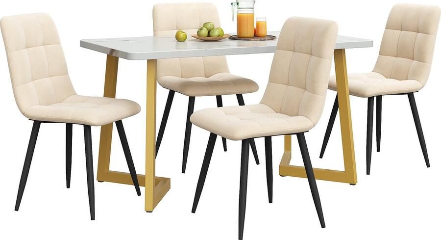 Merax 117cm Eettafel met 4 Stijlvolle Stolen Moderne Rechteckige Eettafel Set Beige Velvet Stoelen Gouden Poten