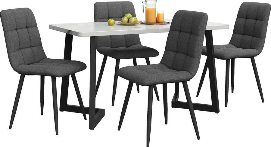 Merax 117cm Eettafel met 4 Eetkamerstoelen Rechthoekig Moderne Keuken Eettafel Donkergrijze Linnen Eetstoelen Zwarte Tafelpoten - Foto 3