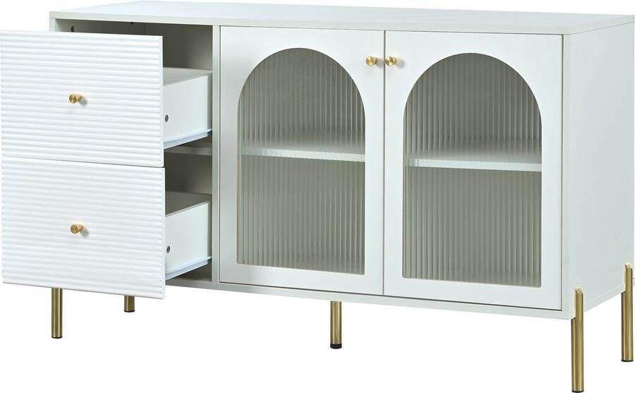Merax 120 cm langes weiß-goldenes Sideboard mit verstellbaren Regalen und Marmorplatte Schrank mit 2 Türen und 2 Schubladen Schrank mit Glastüren - Foto 2