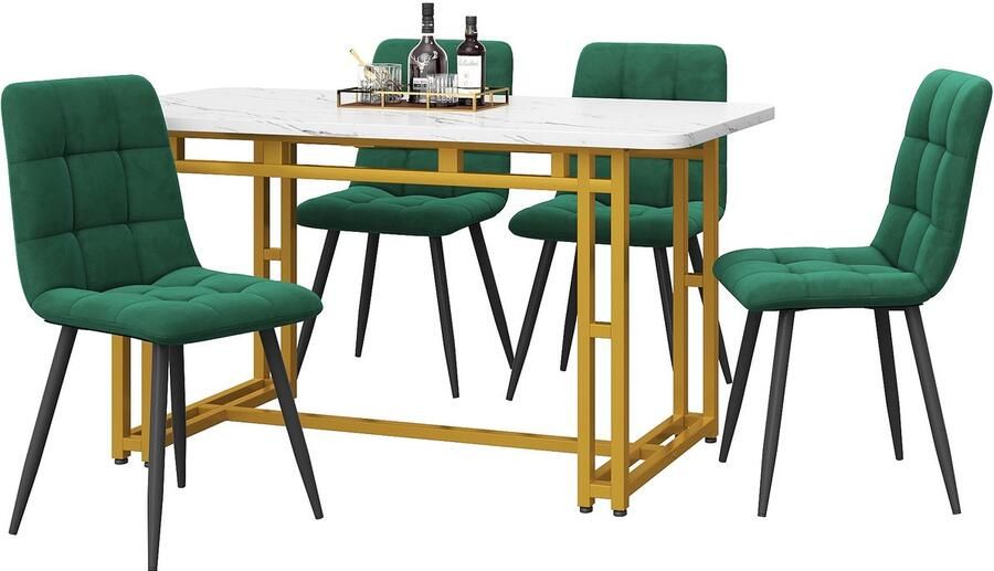 Merax Luxe Eetkamerset Eettafel Set met 4 Fluwelen Eetkamerstoelen en Gouden Poten Stoelen in Donkergroen met Zwart en Tafel in Wit met Goud