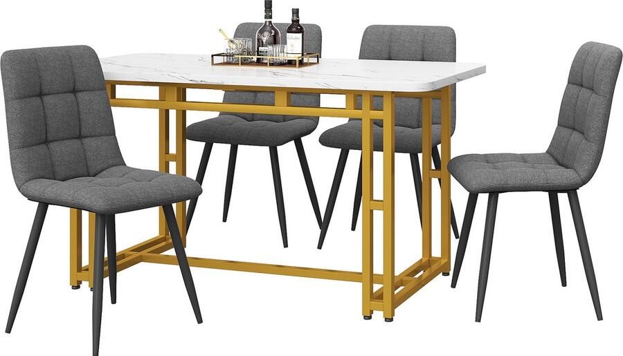 Merax Eetkamerset 120x70 cm – Moderne Eettafel met Gouden Metalen Poten en 4 Donkergrijze Eetkamerstoelen – Wit Tafelblad in Marmerlook - Foto 2