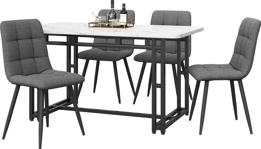 Merax 120x70cm Zwarte Eettafel met 4 Stoelen Set Moderne Keuken Eettafel Donkergrijze Linnen Eetstoelen Zwarte IJzeren Poten