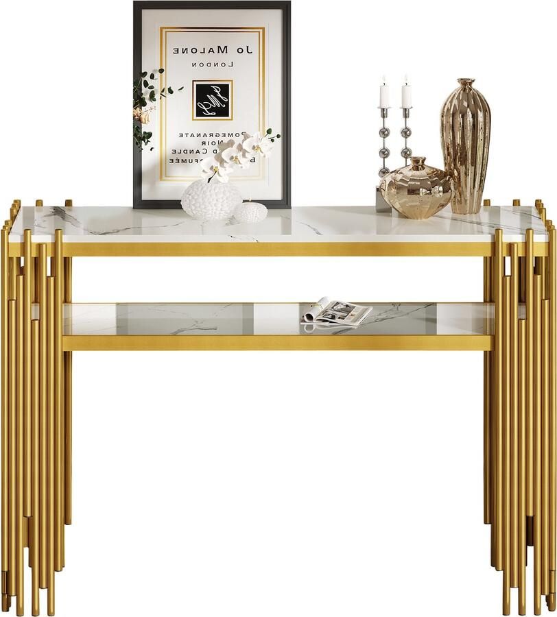 Merax 128 x 44 x 80 cm Mid-century moderne woonkamer bijzettafel zijwaartse tafel witte romp gouden poten dubbele MDF