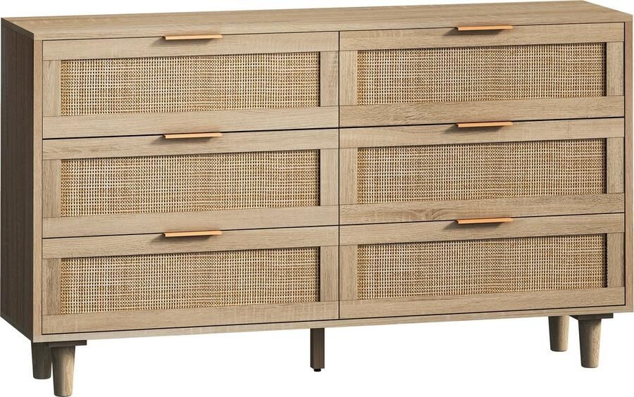 Merax 130 cm Rattan Dressoir met 6 Lades – Natuurlijk Rotan Opbergkast voor Slaapkamer en Woonkamer