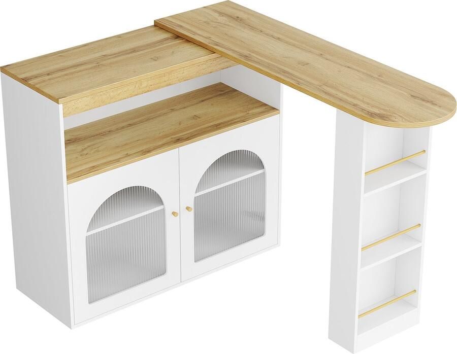 Merax 138-193 x 39 x 105 cm Moderne Uitbreidbare Bartafel Tafel met Opslagruimte en LED Lichtstrip Draaibare Bistrotafel voor Eetkamer Woonkamer en Bar Wit