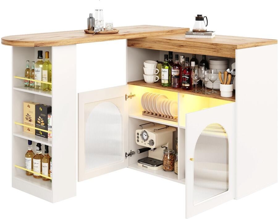Merax 138-193 x 39 x 105 cm Moderne Uitbreidbare Bartafel Tafel met Opslagruimte en LED Lichtstrip Draaibare Bistrotafel voor Eetkamer Woonkamer en Bar Wit - Foto 2