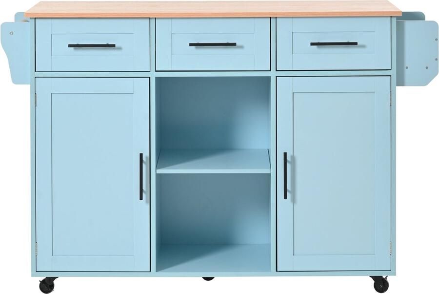 Merax 139x46(71)x91 5 cm großer Esswagen Anrichte Korpus Blau + Arbeitsplatte in Massivholzmaserung klappbare Arbeitsplatte Ablagetür Rollen auswechselbare Massivholzfüße geeignet für Esszimmer Küche