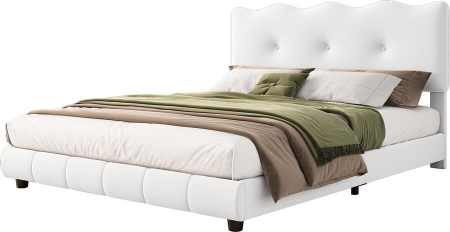 Merax Gestoffeerd Bed 140x200 cm Witte Fluwelen Afwerking met Wiegvormig en Verstelbaar Hoofdbord Minimalistisch Design