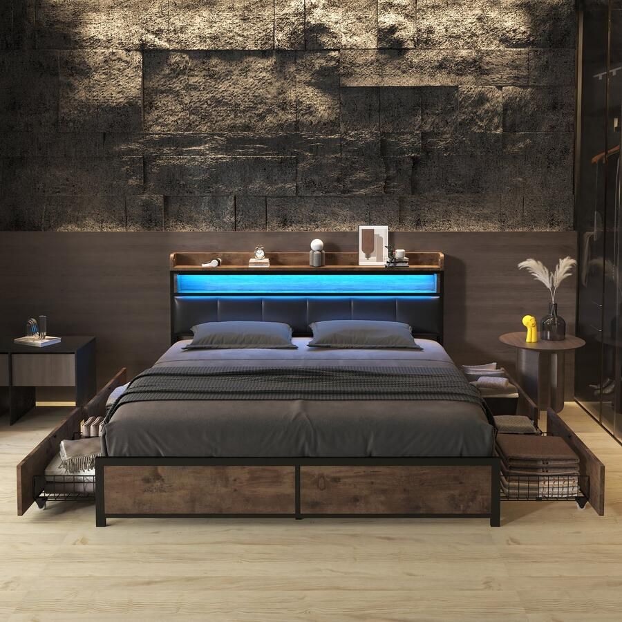 Merax 140 x 200 cm Gestoffeerd bed met LED-verlichting met 4 laden Tweepersoonsbed Opbergbed met opbergruimte Zonder matras Zwart