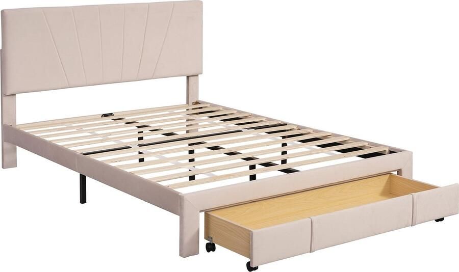Merax 140 x 200 cm Gestoffeerd Bed met Schublade en Lattenbodem Beige Slaapbank voor Volwassenen en Kinderen met Rugleuning