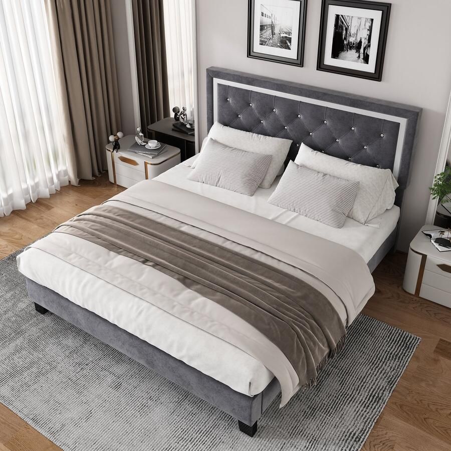 Merax 140 x 200 cm Gestoffeerd bed Tweepersoonsbed Verstelbaar hoofdeinde Zonder matras Grijs