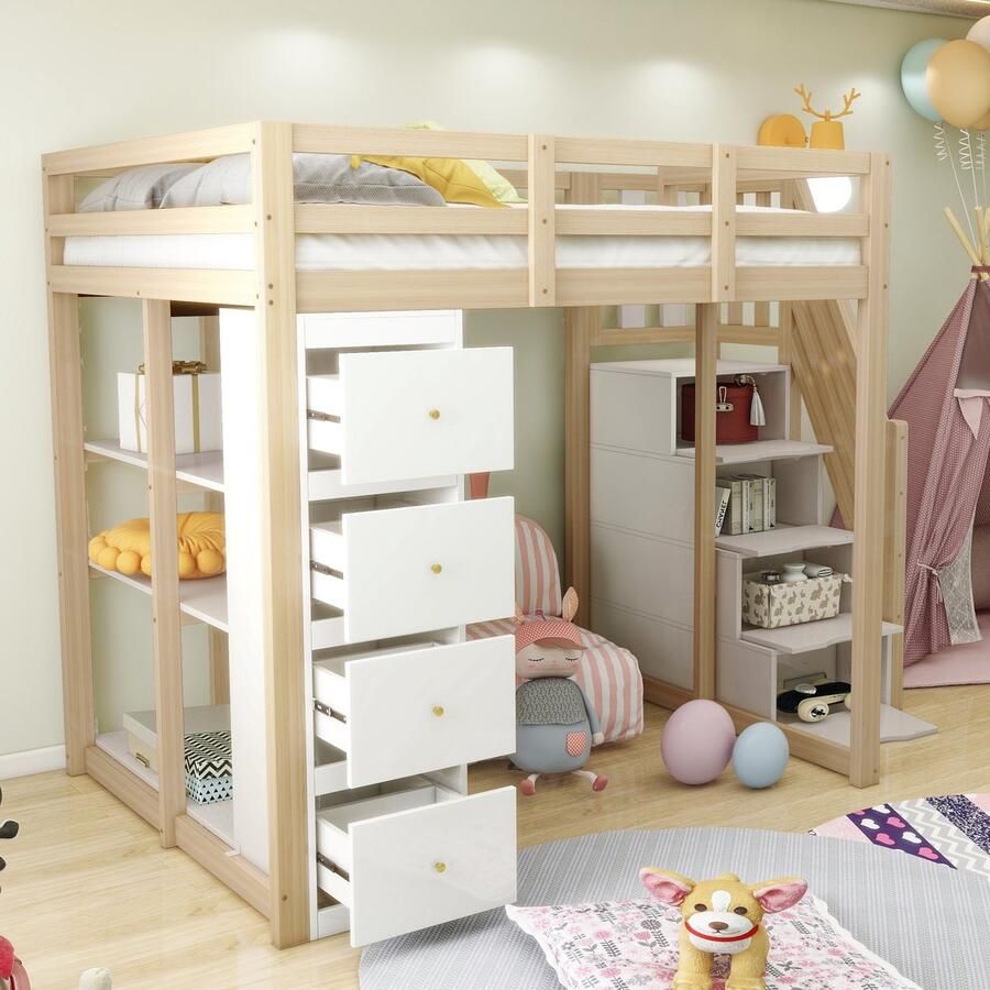 Merax 140 x 200 cm hoogslaper met opberglades plank multifunctioneel houten bed houtkleur zonder matras