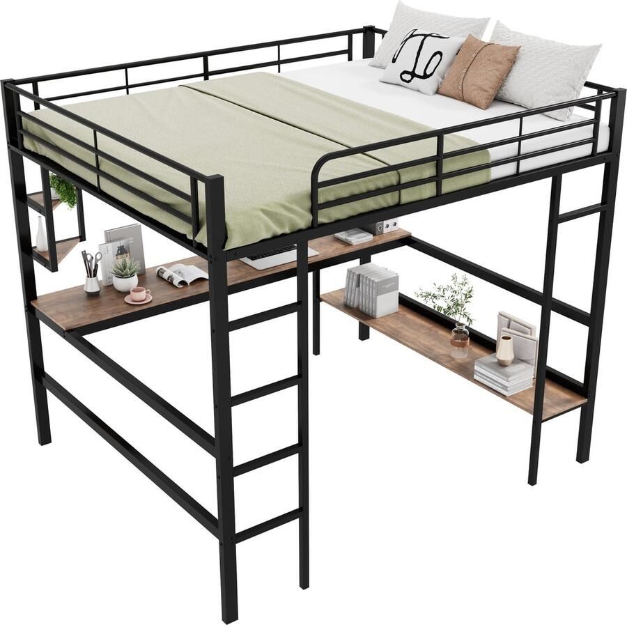 Merax 140 x 200 cm Metalen Bedframe met Bureau – Loftbed met 4 Kleine Planken en Grote Boekenkast voor Kinderen Tieners en Volwassenen – Zwart