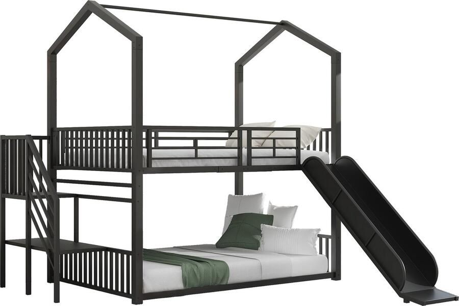Merax 140 x 200 cm Stapelbed met Glijbaan Stalen Bedframe met Glijtrap Huisontwerp Zwart
