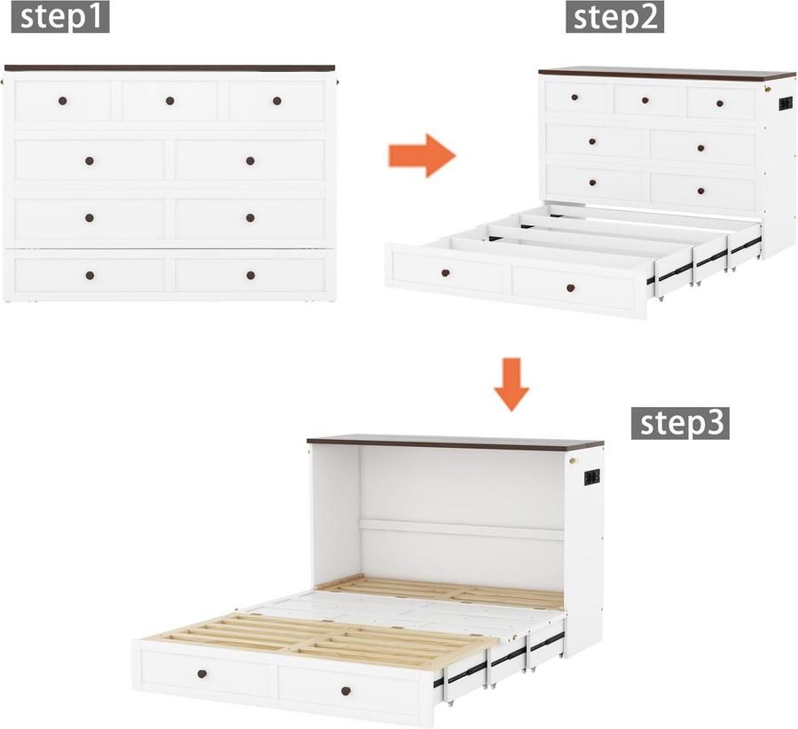 Merax 140 x 200 cm verplaatsbaar muurkastbed met opbergruimte met USB en stopcontacten zonder matras wit