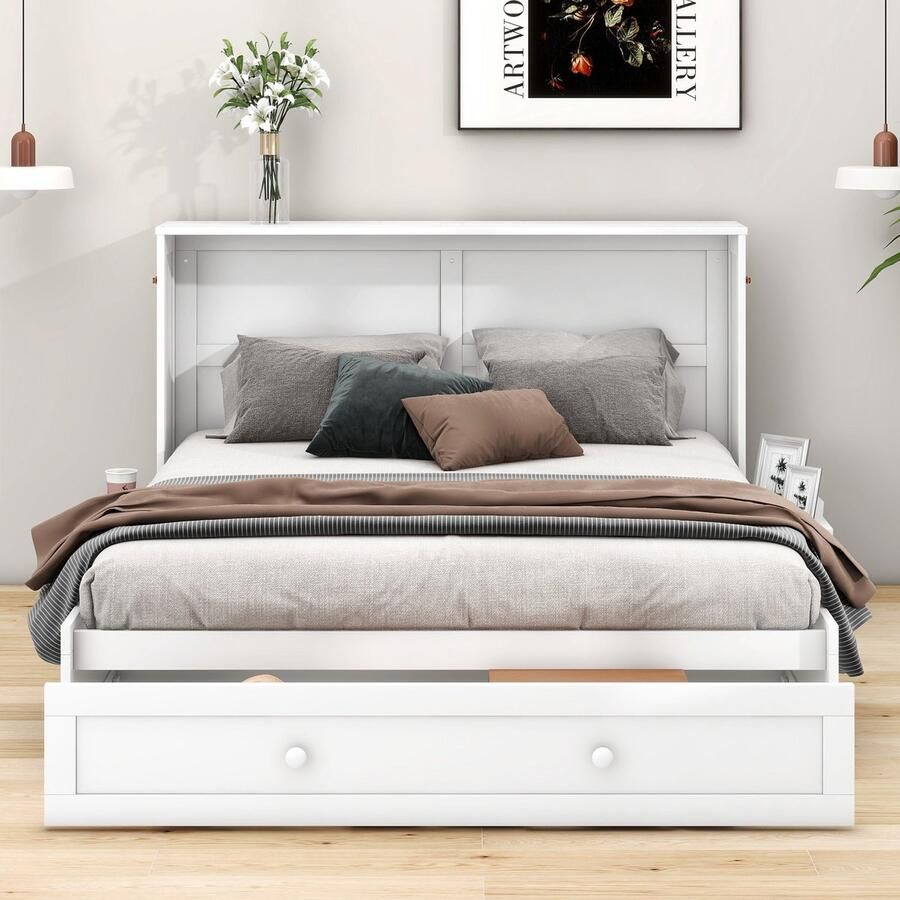 Merax 140 x 200 cm verrijdbaar kastbed bedvoet met lade bedzij met klein boekenplankje ombouwbaar platformbed wit zonder matras