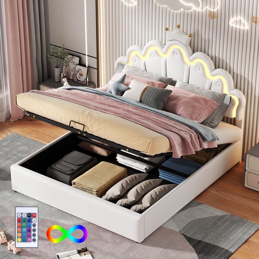 Merax 140 x 200cm plat bed gestoffeerd bed prinsessenbed instelbare sfeerverlichting kroonstrip wit zonder matras