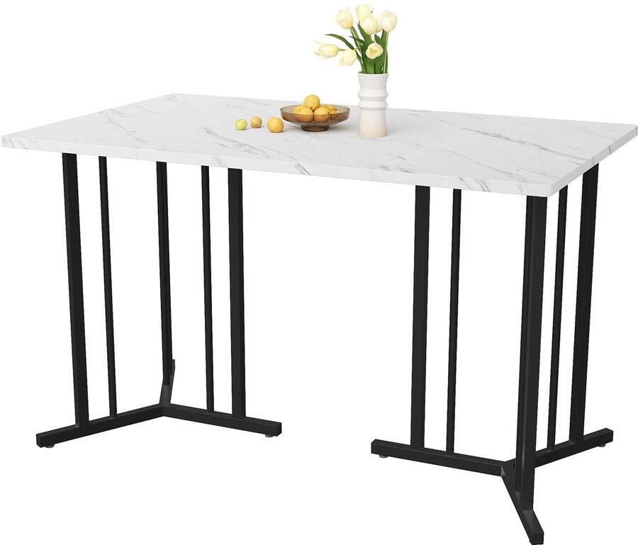 Merax 140 x 80 cm Eettafel Modern Marmor-Muster Keukentafel met Verstelbare Poten Rechteckige Eettafel voor Woonkamer en Eetkamer Wit Zwart