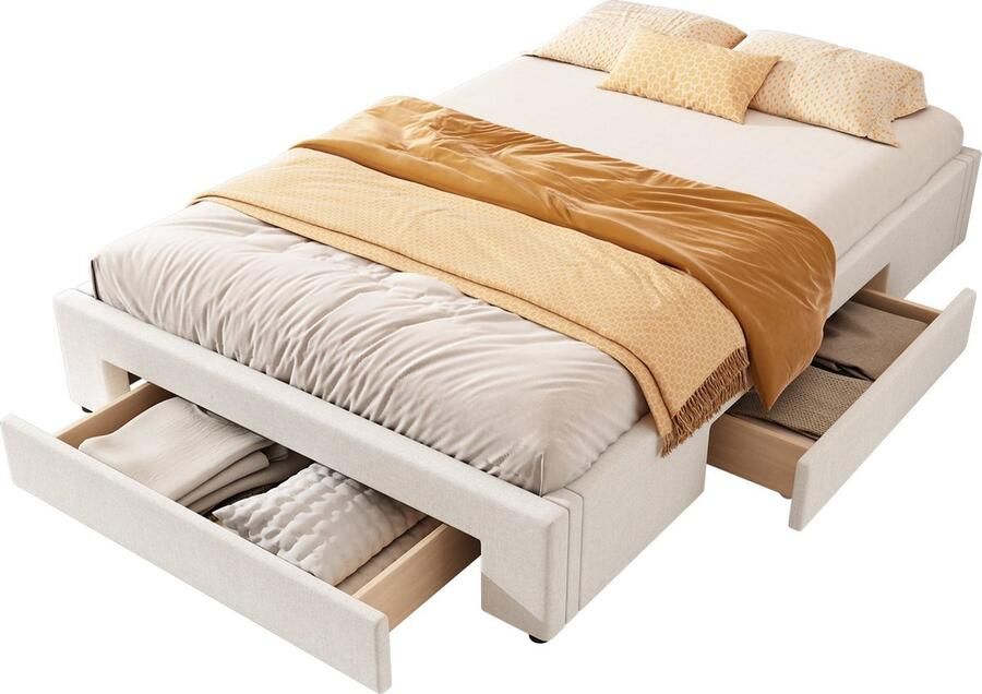 Merax 140x200 cm Bed met 3 Ladebakken Zonder Hoofdbord Gestoffeerd in Linnen Beige