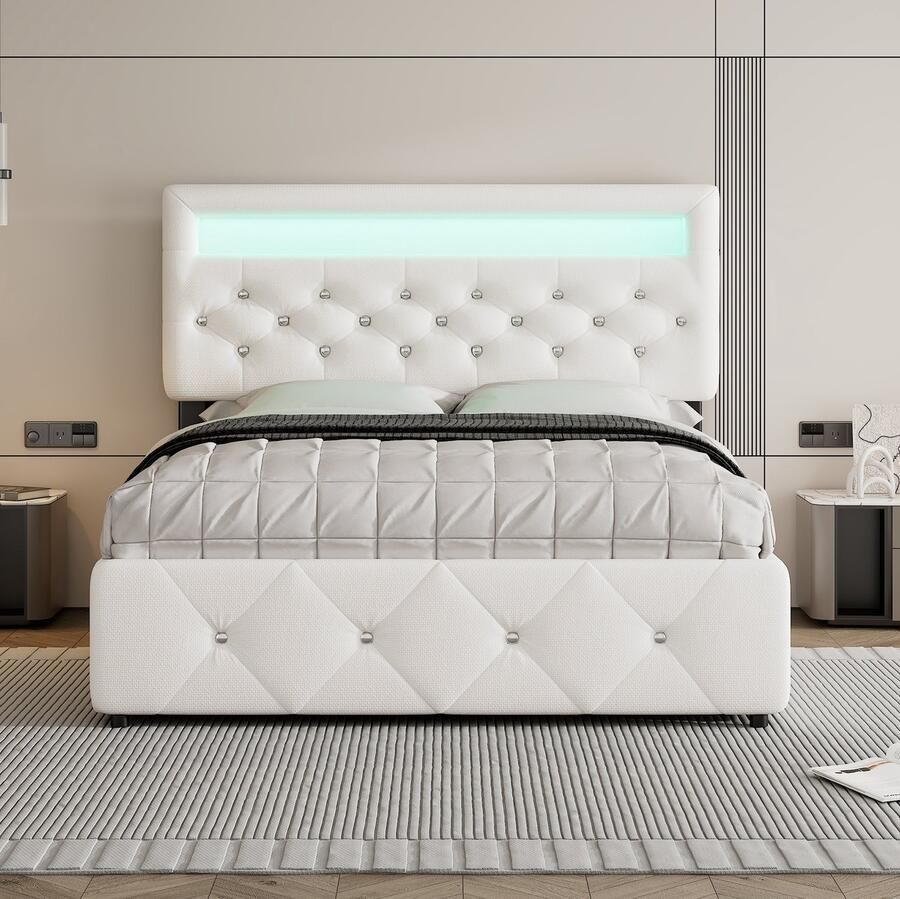 Merax 140x200 cm (90x190 cm) gestoffeerd bed tweepersoonsbed met uitschuifbed en twee lades met LED-verlichting wit zonder matras