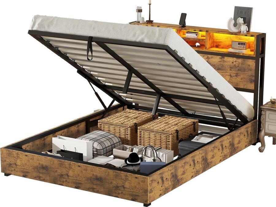 Merax Tweepersoonsbed 140x200 cm met LED-Verlichting en Afstandsbediening Bed met Hydraulisch Hefmechanisme voor Opbergruimte Bruin met Zwart