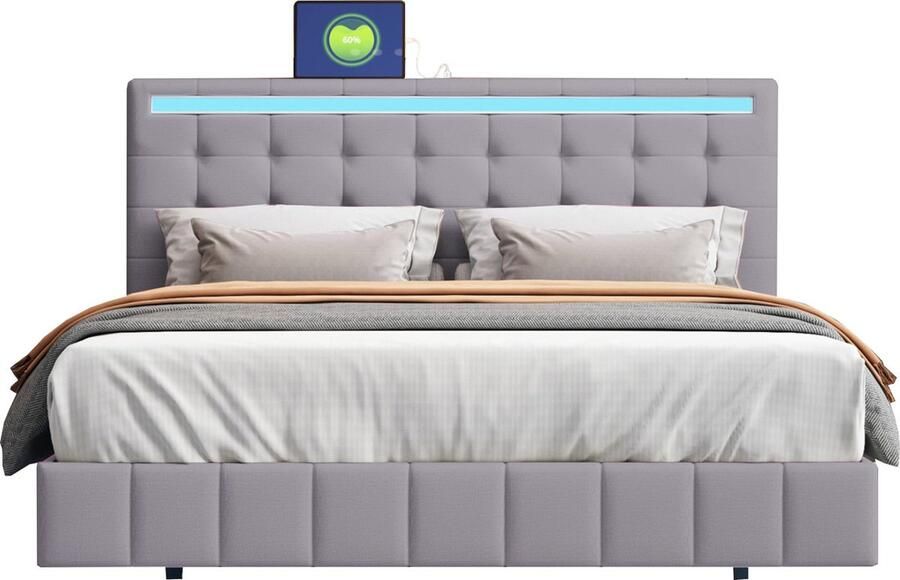 Merax Gestoffeerd Tweepersoonsbed 140x200 cm met Hoofdbord Zwevend Bedframe met LED-Verlichting in Huidvriendelijk Linnen Grijs