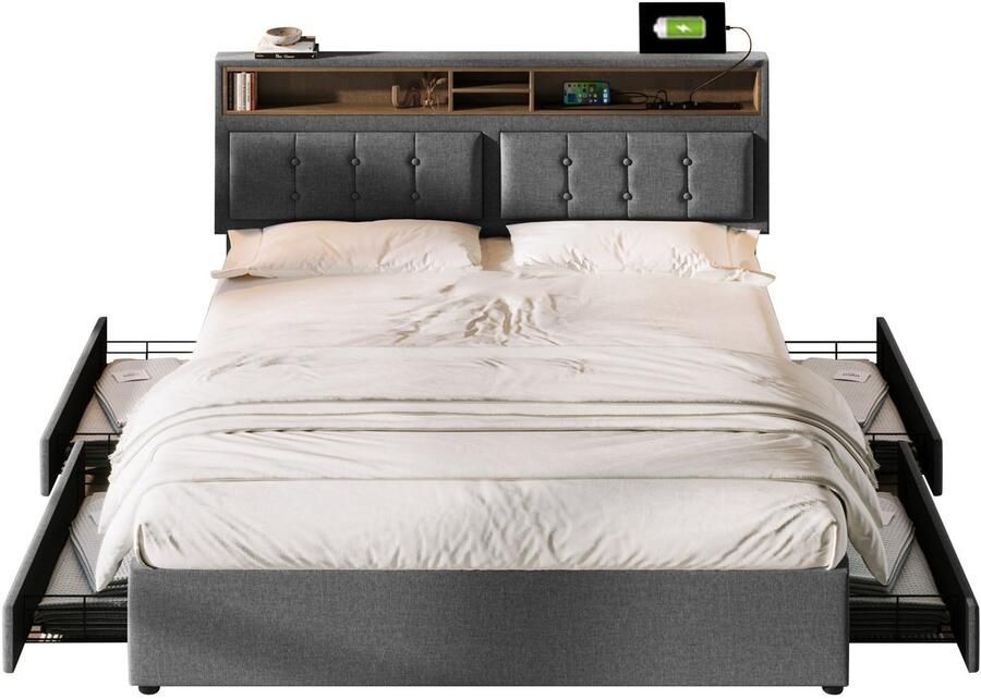 Merax 140x200 cm Bed Multifunctioneel Dubbelbed met 4 Schubladen en USB-C Laadstation Verstelbaar Hoofdbord Beige Linnen