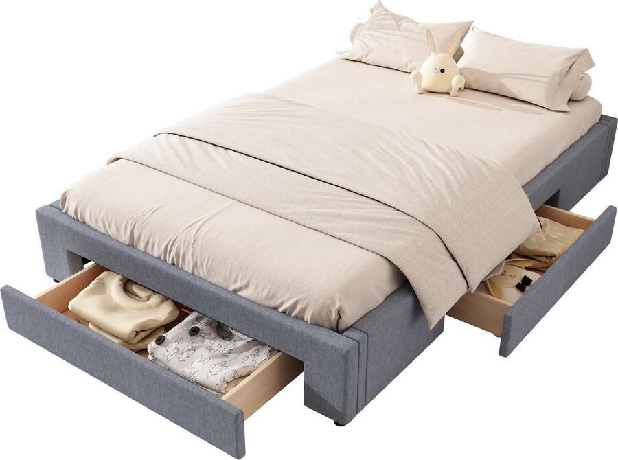 Merax 140x200 cm Gestoffeerd Bed met Drie Opberglades Zonder Hoofdbord Grijs