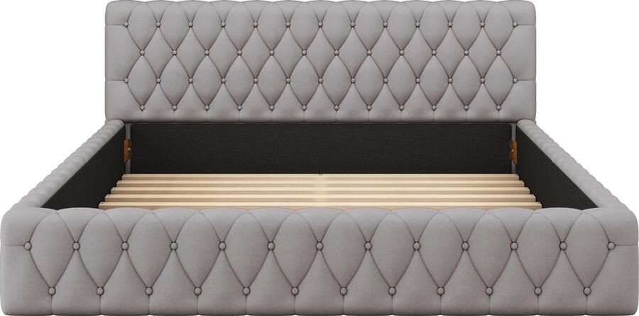 Merax Luxe Gestoffeerd Tweepersoonsbed 140x200 cm met Fluweel en Zachte Rugleuning Grijs Velours Bed voor Jeugd- en Slaapkamer