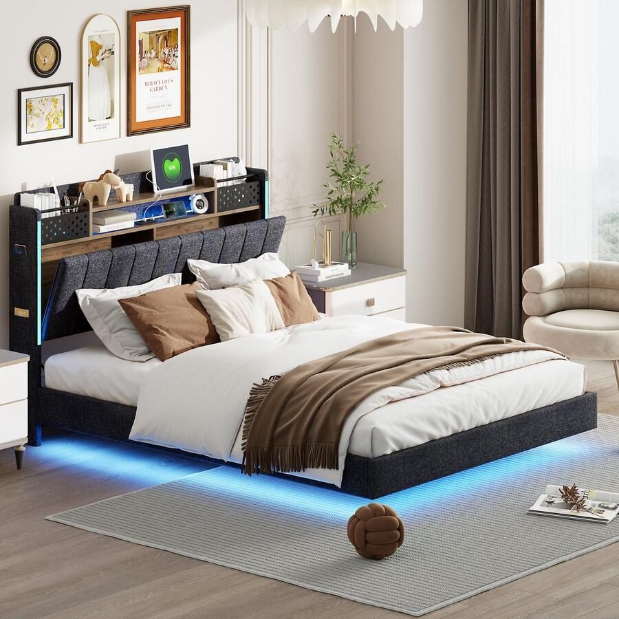 Merax Upholstered Bed 140 x 200 cm met LED Verlichting en USB-Aansluiting Hoofdbord met Opbergruimte Modern Vlot Bed voor Jongeren en Volwassenen Grijs Linnen