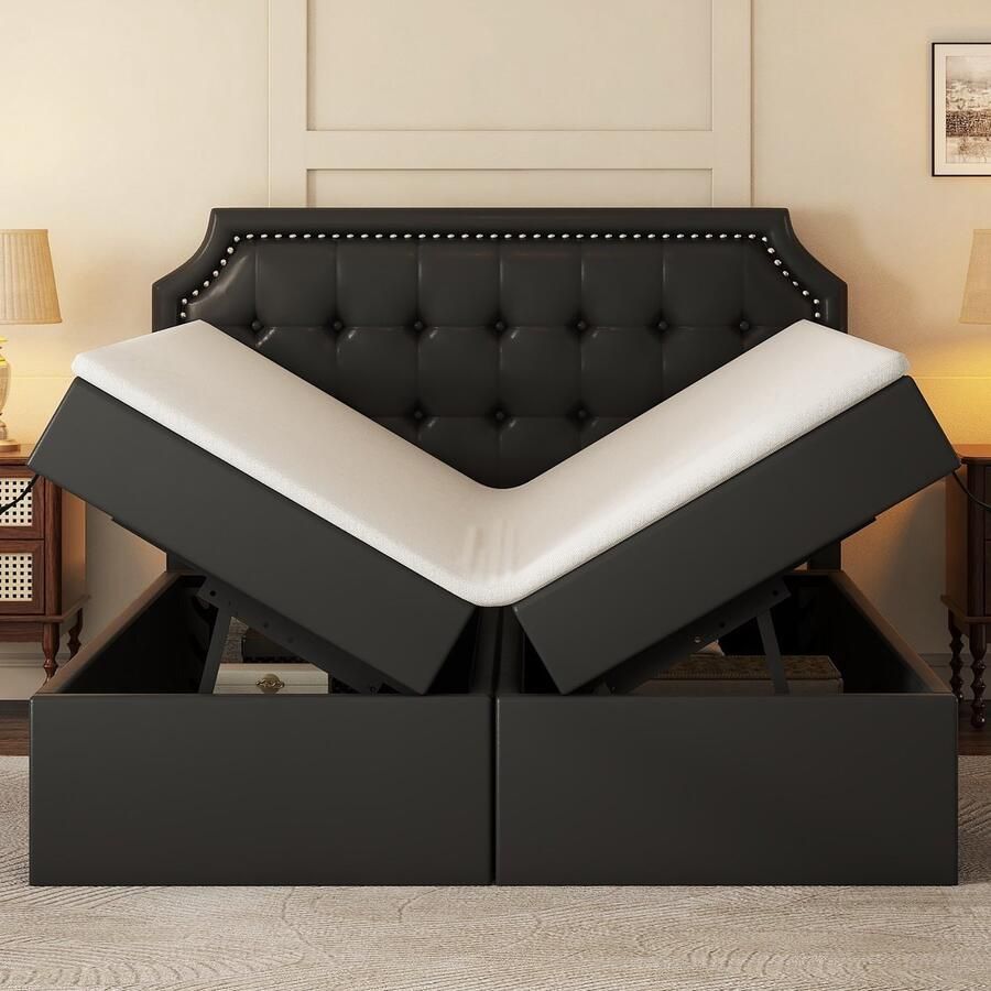 Merax 140x200 cm gestoffeerd bed tweepersoonsbed met bedbodem opbergruimte dubbelzijdig te openen zwart zonder matras