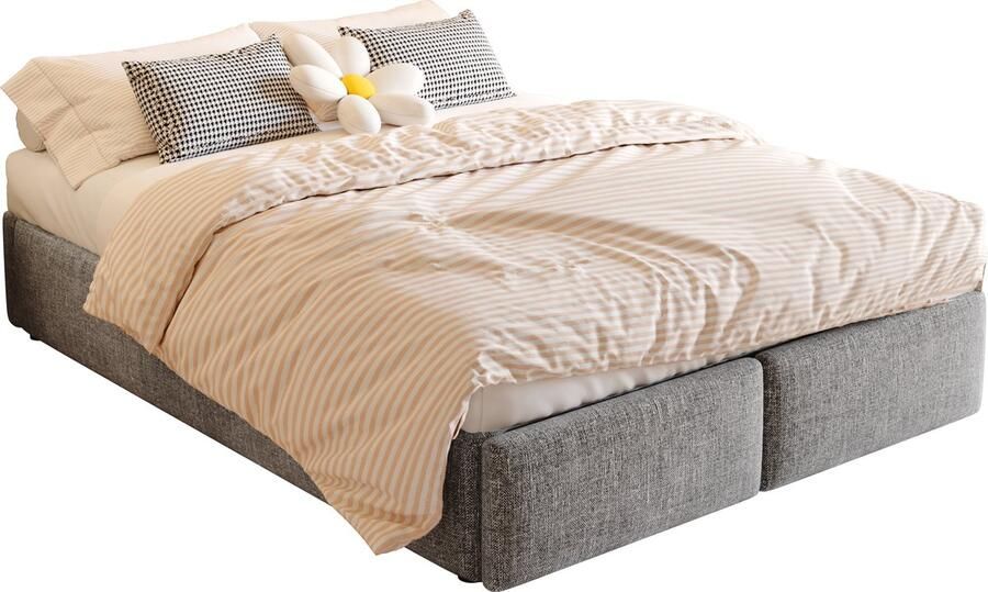 Merax 140x200 cm Gestoffeerd Tweepersoonsbed zonder Hoofdbord met Hydraulische Opbergruimte en 2 Lades Grijs Inclusief Lattenbodem