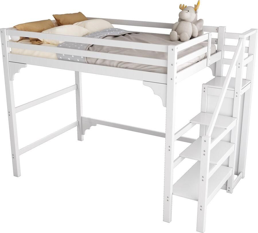Merax Hoogslaper 140x200 cm van Massief Hout – Met Lattenbodem Trap Kledingkast & Opbergruimte – Ruimtebesparend Tienerbed – Wit