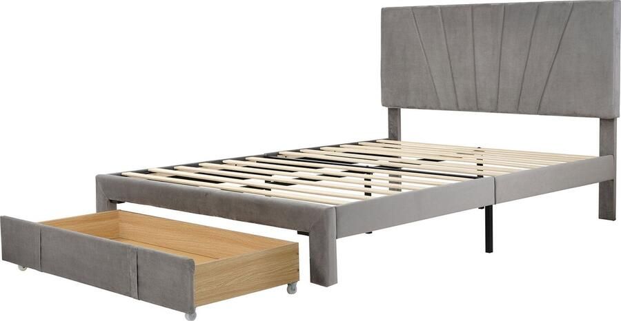 Merax 140x200 cm Slaapbank Met Lattenrooster en Grote Opberglade Gestoffeerd Bed met Rugleuning Grijs