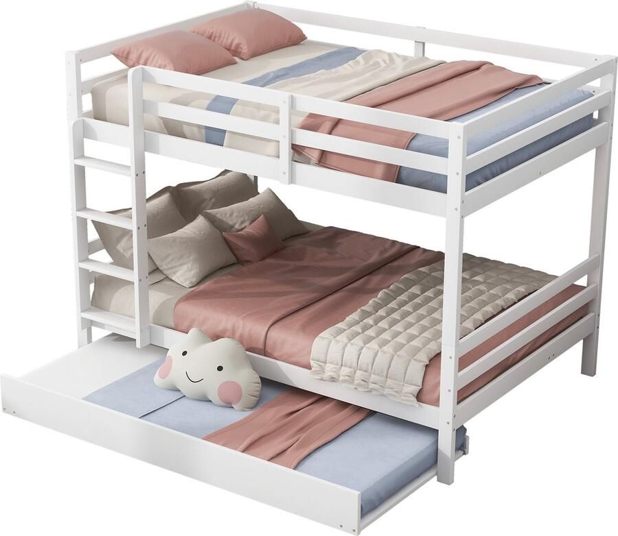 Merax 140x200 cm Stapelbed met Extra Uittrekbaar Bed 90x190 cm Kinderbed voor 3 Personen met Hoge Reling en Stabiele Trap Wit