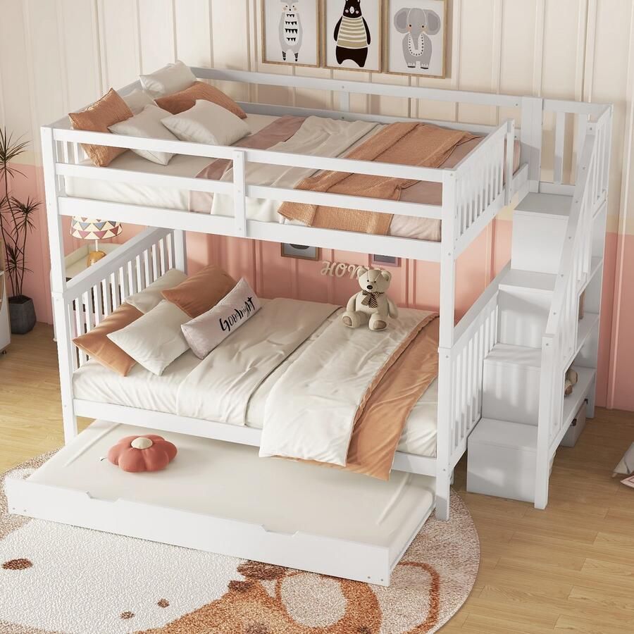 Merax 140x200 cm stapelbed trapboekenplank met uitschuifbed hoge reling wit