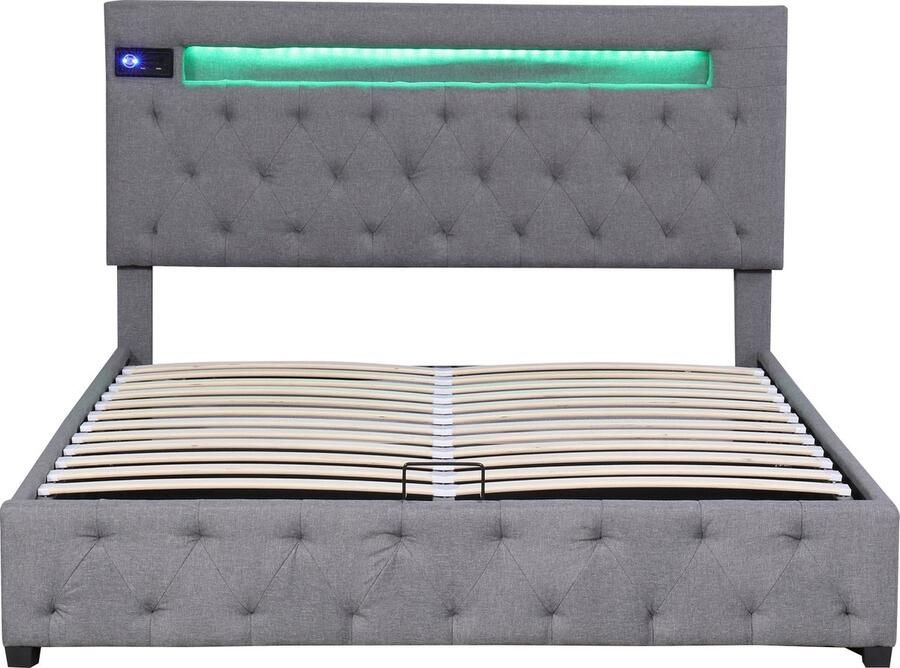 Merax 140x200 cm Tweepersoonsbed Gestoffeerd Bed met USB Aansluiting en Bluetooth speaker- Moderne Bedframe met LED-verlichting Grijs - Foto 2