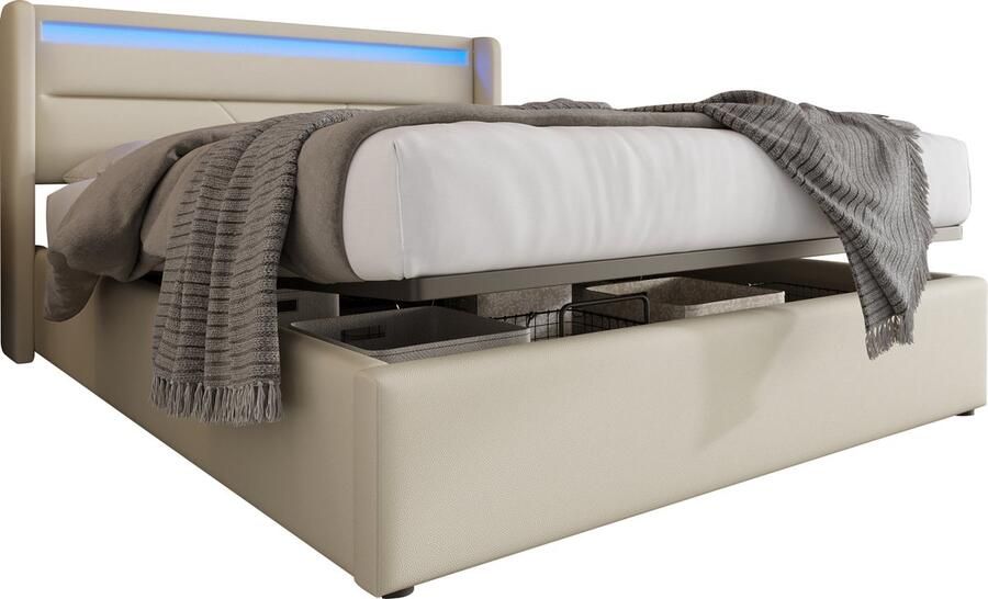 Merax 140x200 cm Tweepersoonsbed met Hydraulisch Opbergruimte Bed met LED-Verlichting en Afstandsbediening Wit