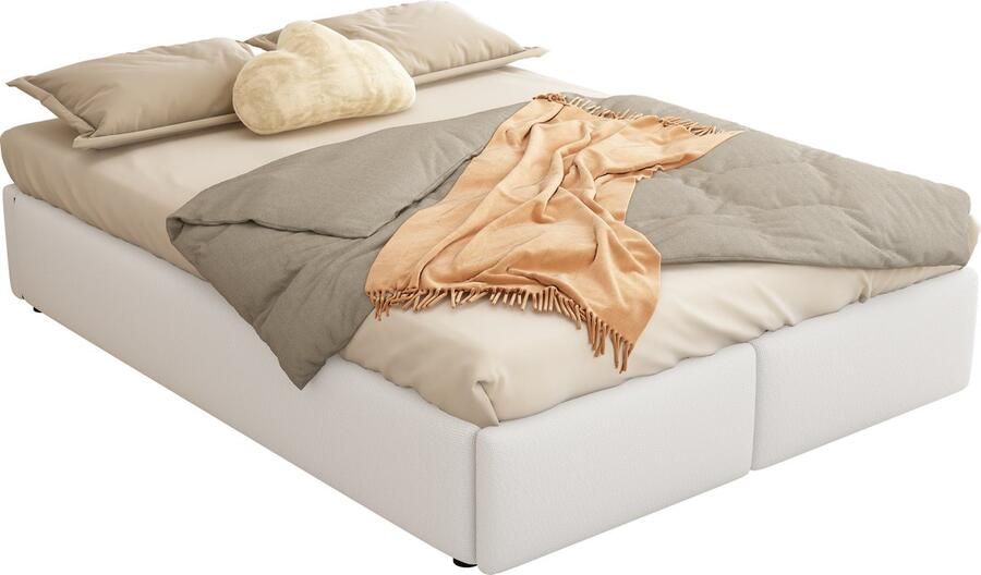 Merax 140x200 cm Tweepersoonsbed Platformbed zonder Hoofdbord Gestoffeerd Bed met Hydraulische Opbergruimte en 2 Lades Houten Lattenbodem Wit