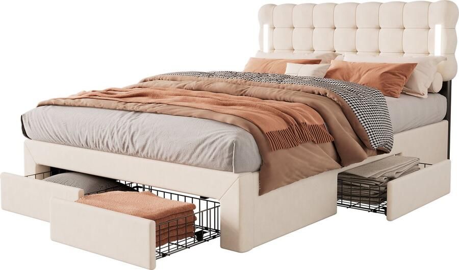 Merax gestoffeerd bed 140x200 cm – beige flachbed met LED-verlichting USB-stopcontact 4 lades en ruime opbergruimte