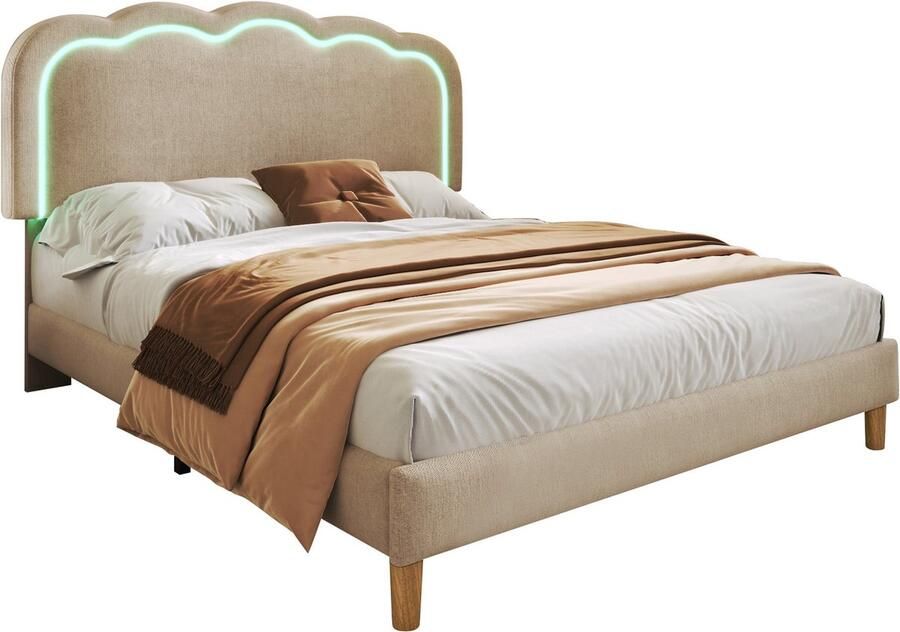 Merax 140x200cm LED Bed met Verstelbaar Hoofdbord Gepolsterd Bed met Lattenbodem Beige Linnen Voor Slaapkamer en Logeerkamer