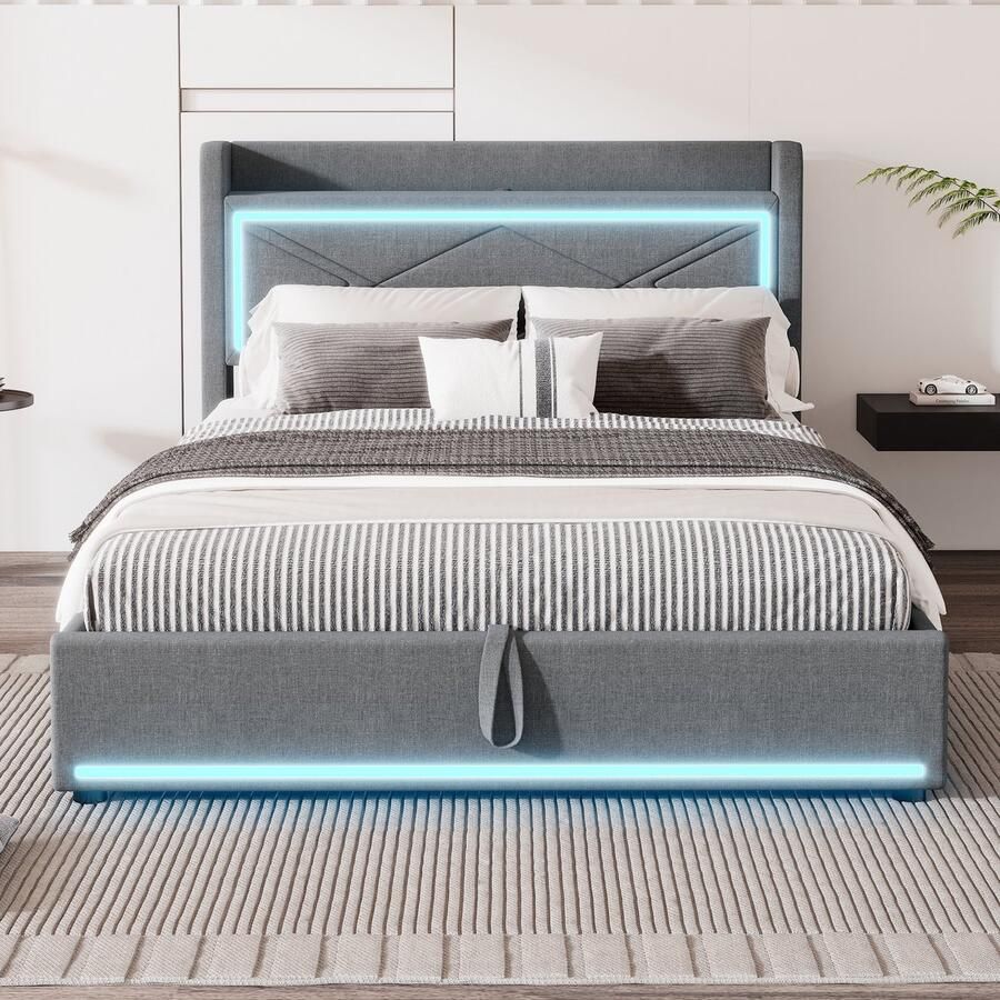 Merax 140x200cm plat bed met LED-verlichting APP verstelbaar bed kan worden opgetild USB-poort grote opbergruimte grijs geen matras