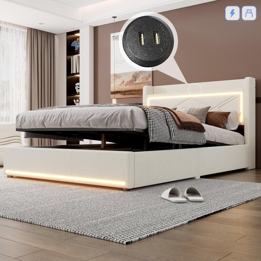 Merax 140x200cm plat bed met LED-verlichting verstelbare APP bed kan worden opgetild USB-poort grote opbergruimte beige geen matras