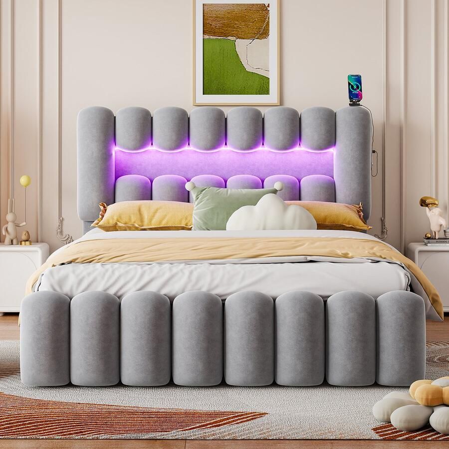 Merax 160 x 200 cm gestoffeerd bed met 4 lades met LED-verlichting USB-poort en stereogeluid grijs zonder matras