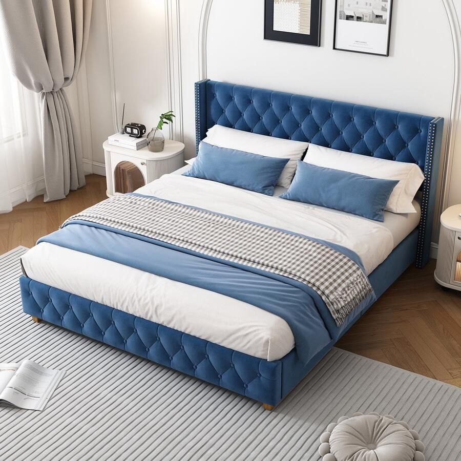 Merax 160 x 200 cm Gestoffeerd bed Tweepersoonsbed Houten poten Zonder matras Fluweel Blauw