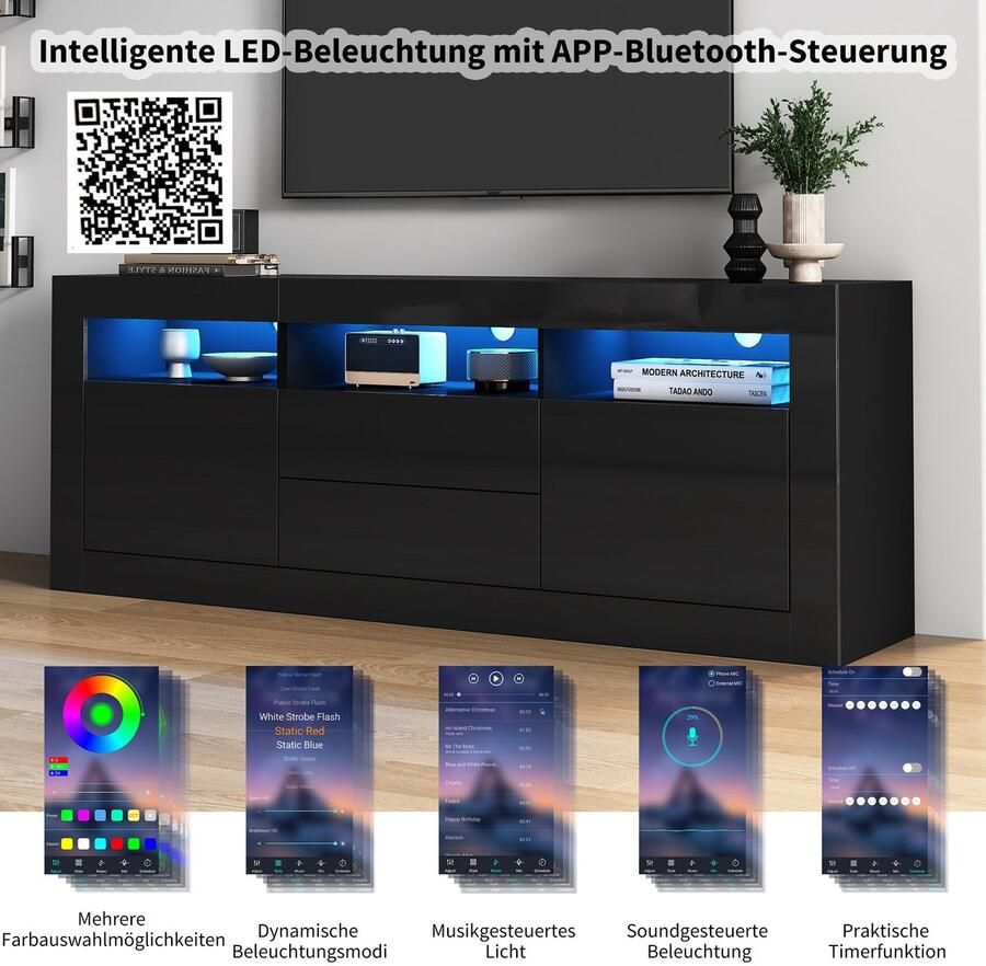 Merax 160*35*60cm Hochglanz-TV-Schrank mit LED-Beleuchtung 3 offenen Fächern 2 Türen 2 Schubladen Smart App Steuerung für 70-Zoll-Fernseher Hochglanz-TV-Ständer