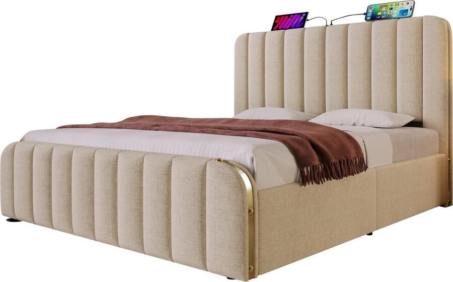 Merax 160x200 cm Bed met Verstelbare Hoofdeinde en USB Type-C Oplaadfunctie Beige Linnen Hydraulisch Opslagbed Stabiele Stalen Frame Belastbaarheid 200 kg (Zonder Matras)