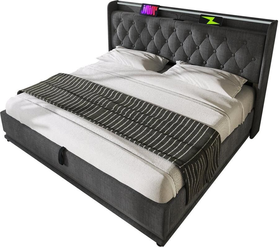 Merax Tweepersoonsbed 160x200 cm met Hydraulisch Opbergruimte Gestoffeerd Bed met 360° LED Verlichting en USB Type-C Oplaadfunctie Grijs - Foto 2