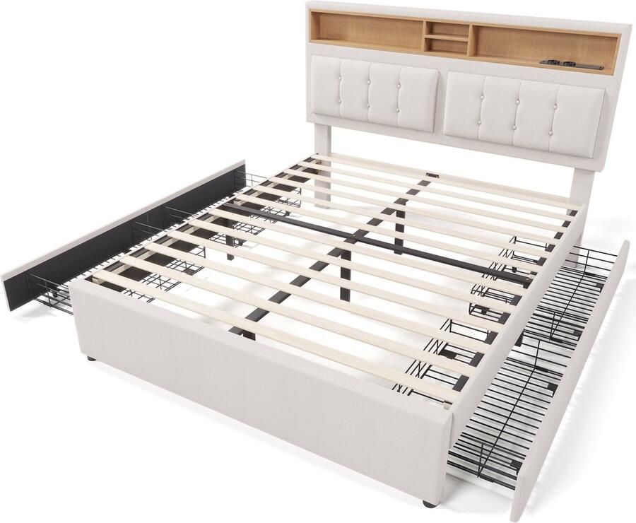 Merax Queensize Tweepersoonsbed 160x200cm met 4 Opbergladen en USB-C Aansluiting Luxe Gestoffeerd Bed met Verstelbaar Hoofdbord Beige
