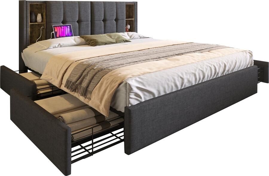 Merax 160x200 cm Tweepersoonsbed met Draadloze Oplaadfunctie en USB type-C Aansluiting Luxe Bed met 4 Lades Gestoffeerd Bedframe Grijs